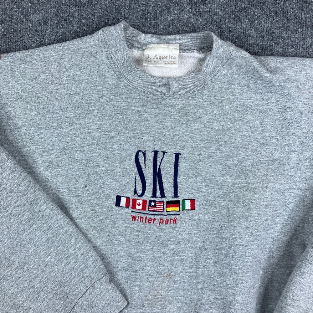J. America Sweatshirt Mens Size L Gray Ski Winter Park USA Pullover Distressed